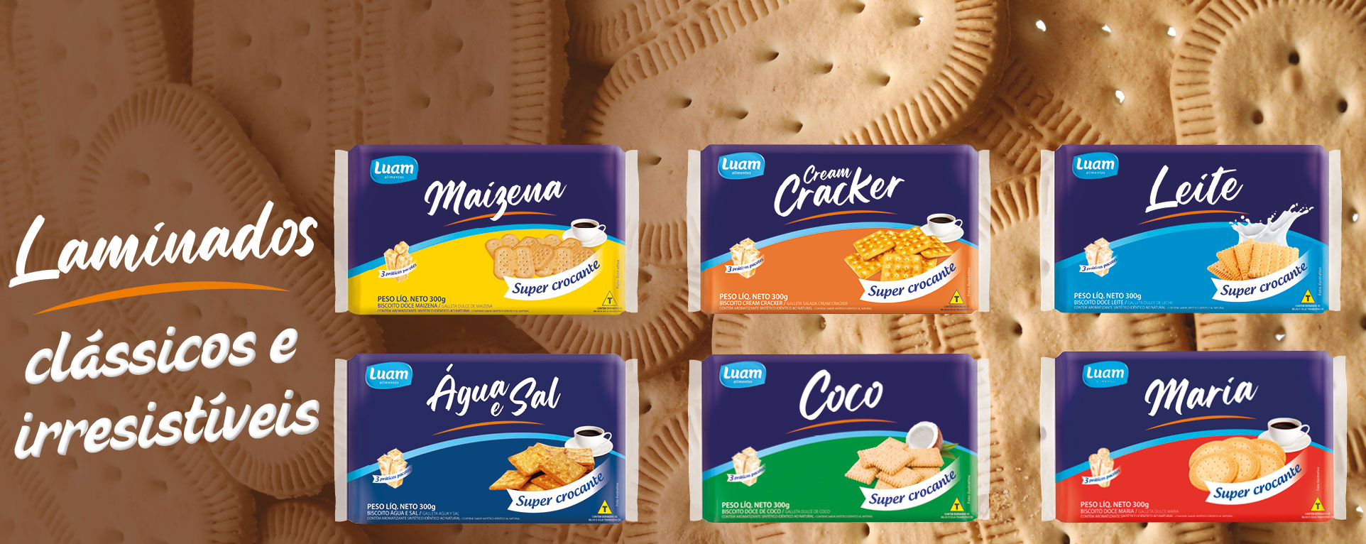 Pacotes de biscoitos laminados Luam: água e sal, cream cracker, maisena, maria, leite e coco