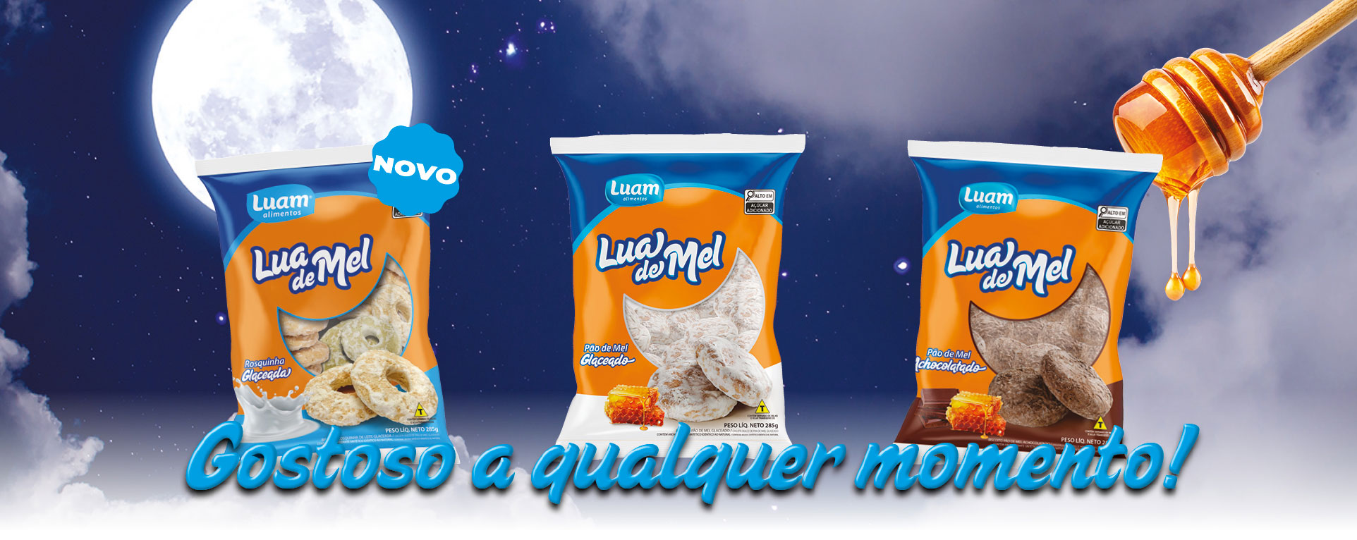 Pacotes de biscoito Lua de Mel Luam, sabores glaceado, achocolatado e rosquinha glaceada