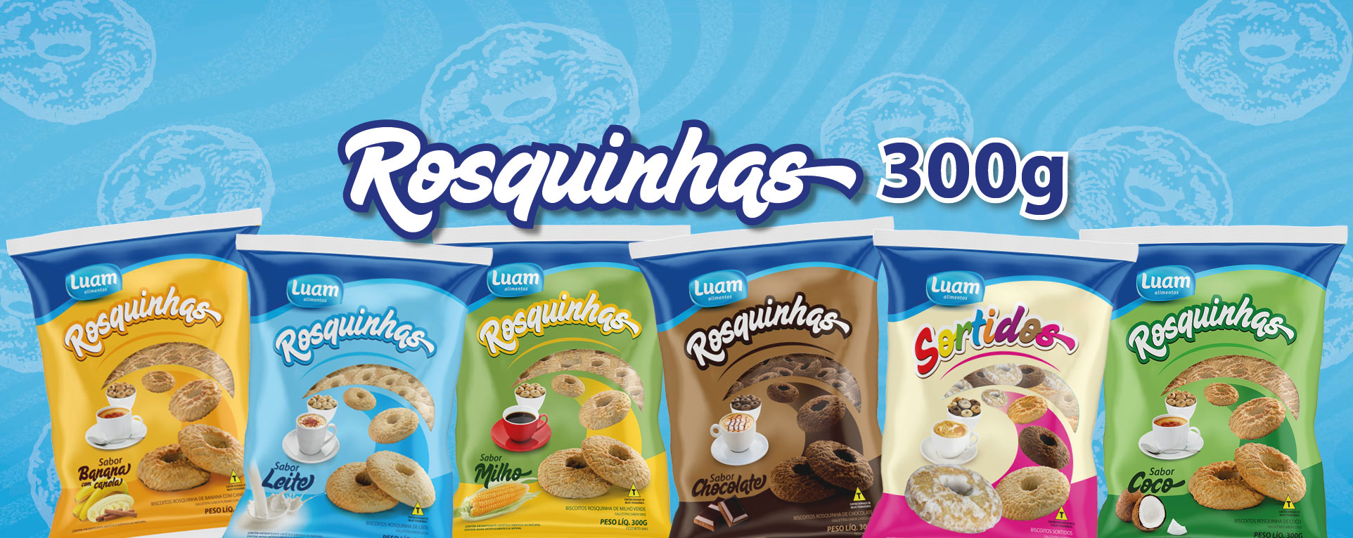 Pacotes de Rosquinhas Luam sabores banana com canela, leite, milho, chocolate, sortidos e coco